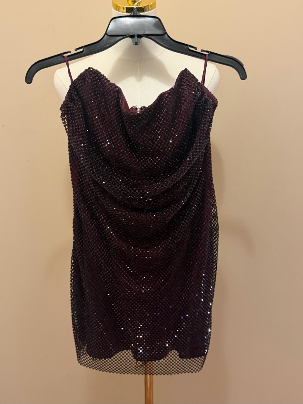 Zara Sequin sequin Mesh Cowl Neck Mini Dress in Deep Burgundy